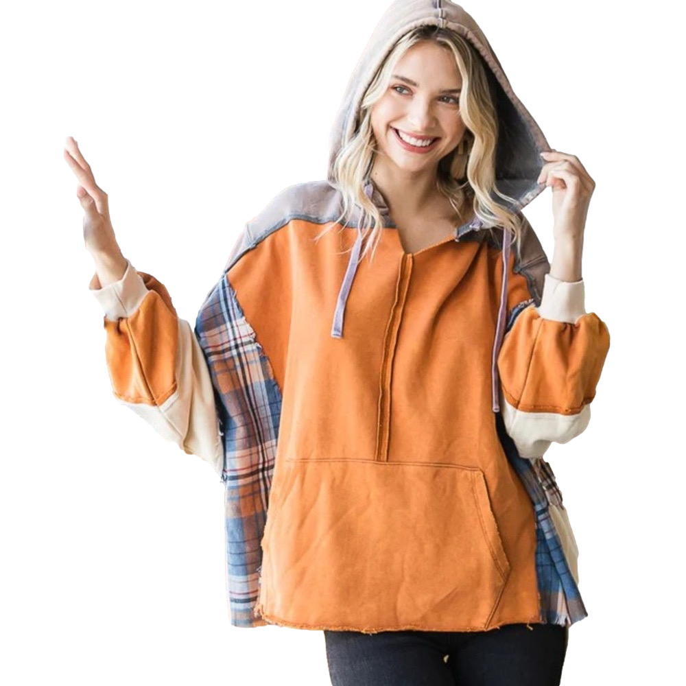 OLI & HALI Women’s MINERAL WASHED COLOR BLOCK HOODIE in camel